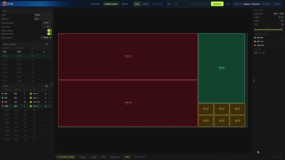 373 Nesting cutting layout screen