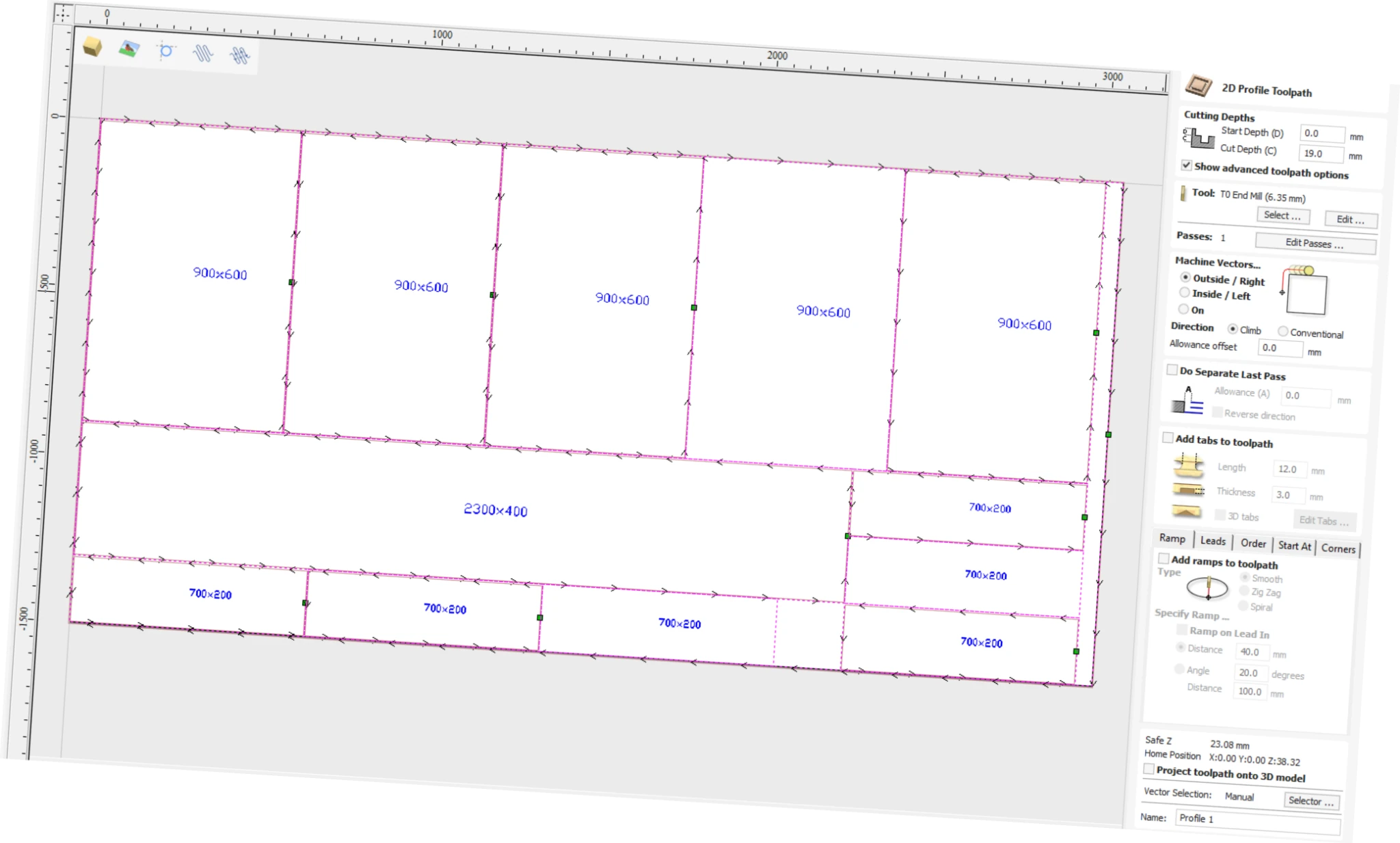 DXF layout opened in CNC CAM software